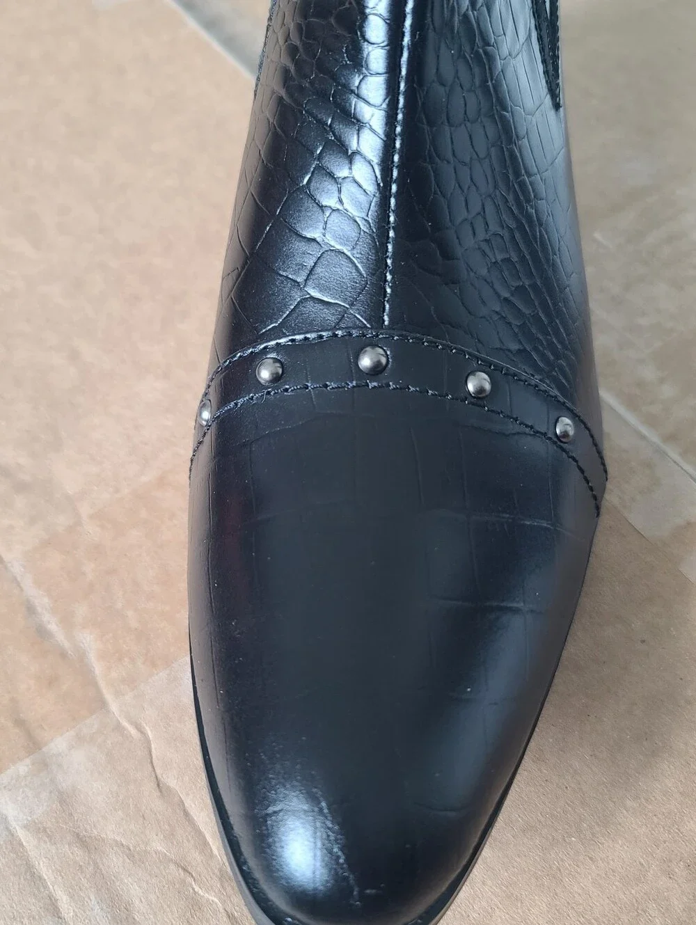 Men's Black Croc-Embossed Leather Boots with Block Heel